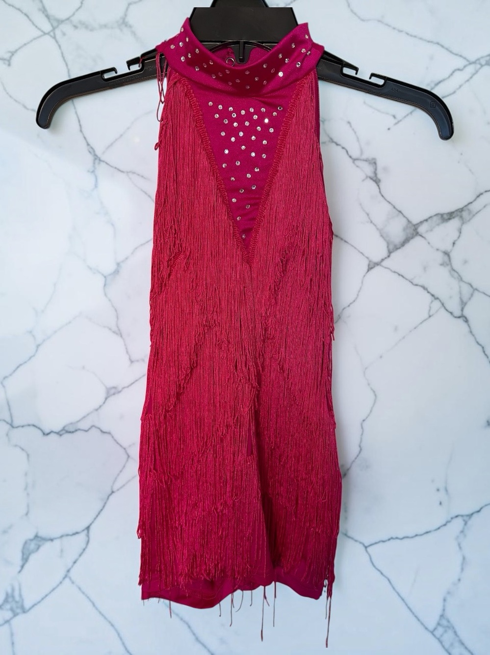 Weissman Hot Pink Fringe One-Piece Dance Romper with Rhinestones. Size LC